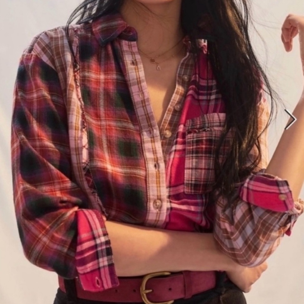 Anthropologie Pilcro Mixed Patchwork Flannel Buttondown Shirt Pink Sz Medium